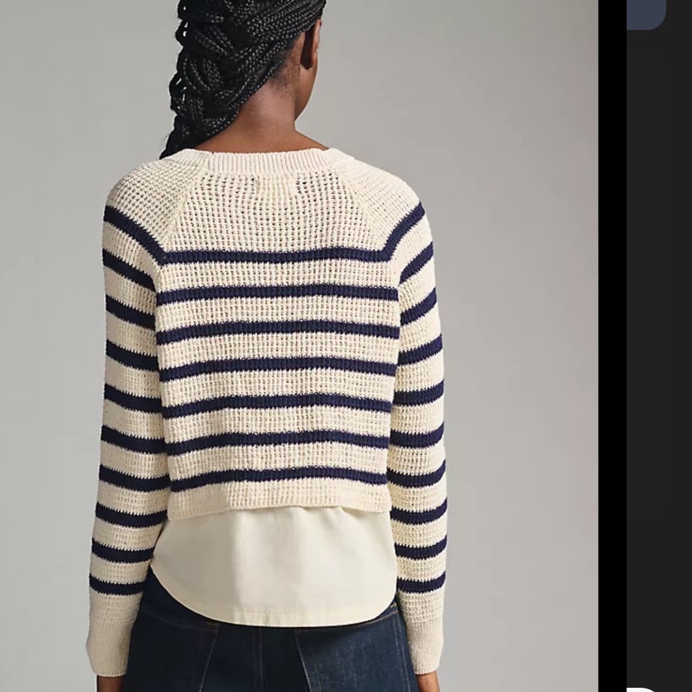 Maeve Twofer Sweater Navy Cream Stripe Cotton Size L